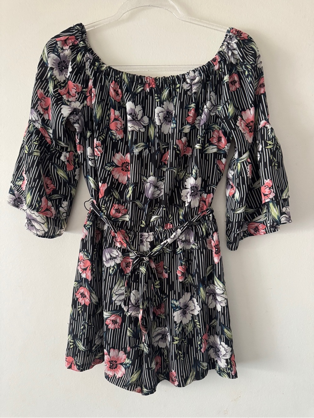 Floral Off-Shoulder Black romper Dress with Pink and White Blooms